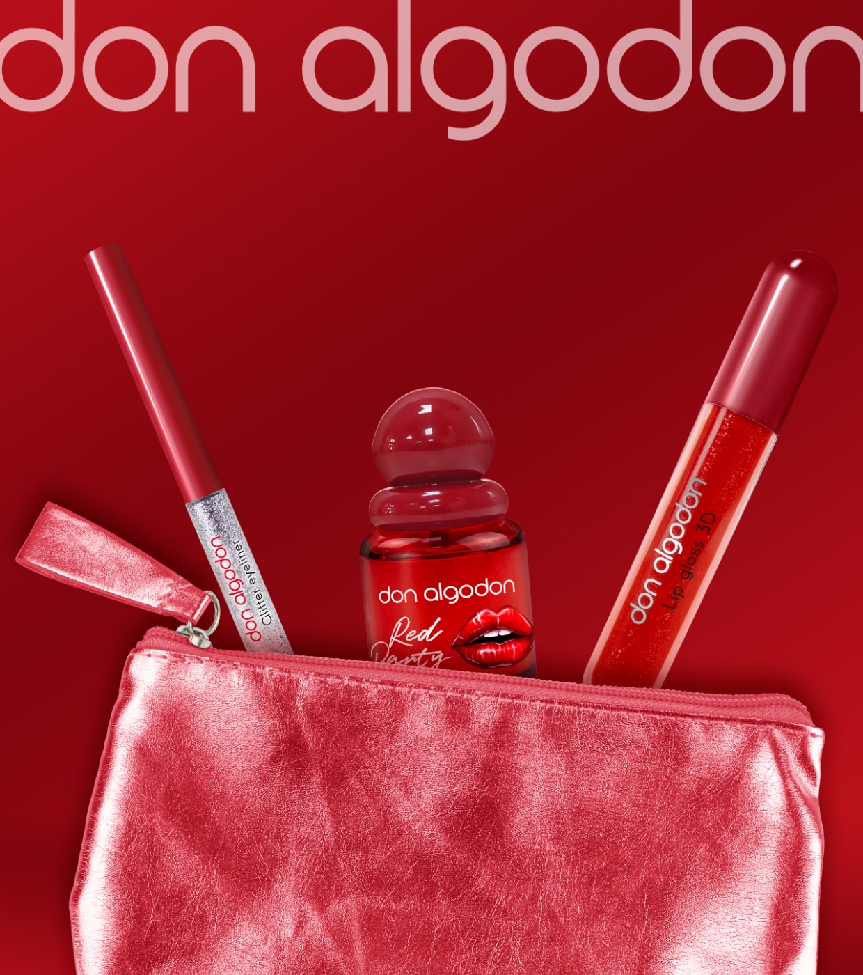 Conjunto de cosméticos Don Algodon com eyeliner, frasco vermelho e batom gloss, numa bolsa rosa metálica.