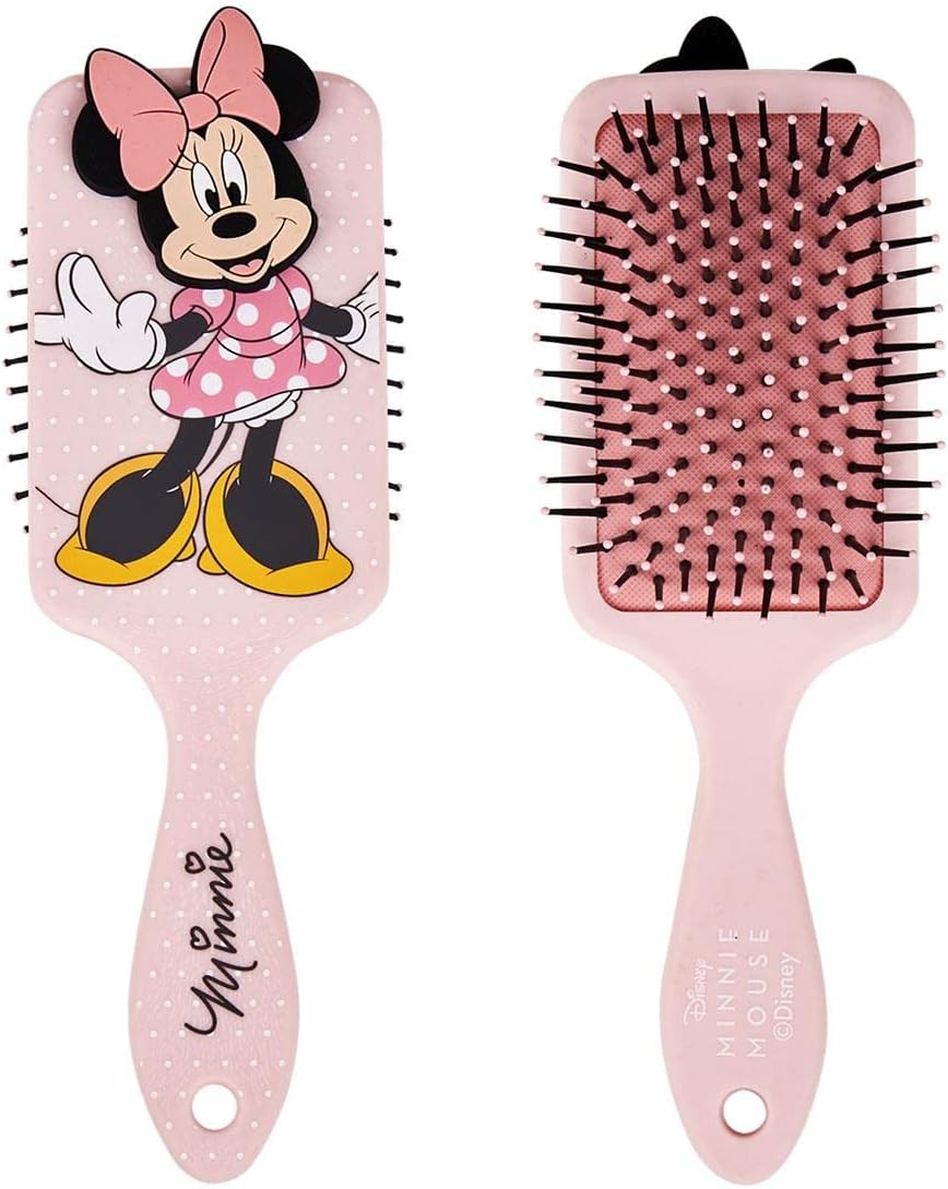 Escova de cabelo rosa com desenho da Minnie Mouse e texto Minnie