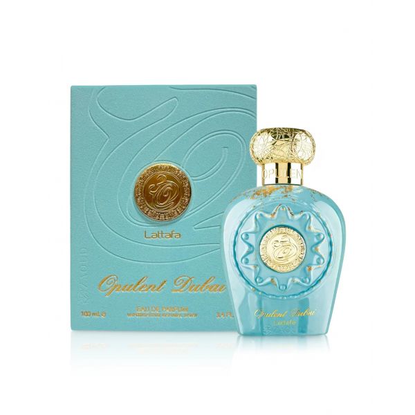 Perfume Opulent Dubai em frasco azul-turquesa com caixa correspondente