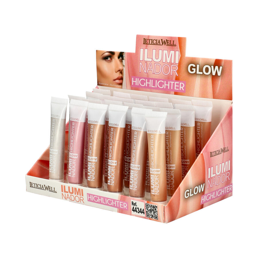 Expositor de iluminadores LETICIA WELL em tubos com diferentes tons, apresentados em caixa de cartão rosa e bege.