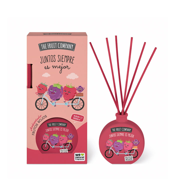 Ambientador de frutos vermelhos com caixa e frasco rosa e ilustração colorida