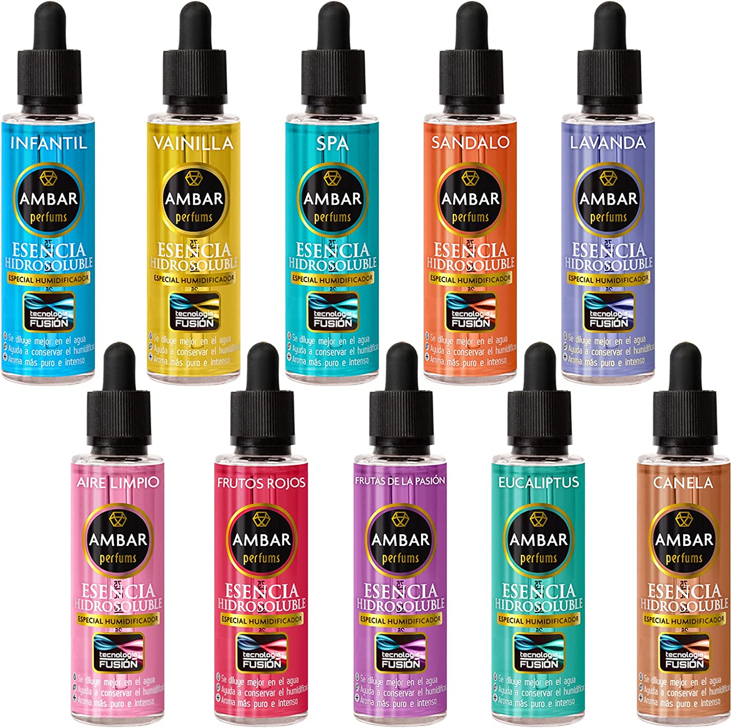 Frascos coloridos de essência hidrosolúvel AMBAR com conta-gotas e rótulos variados