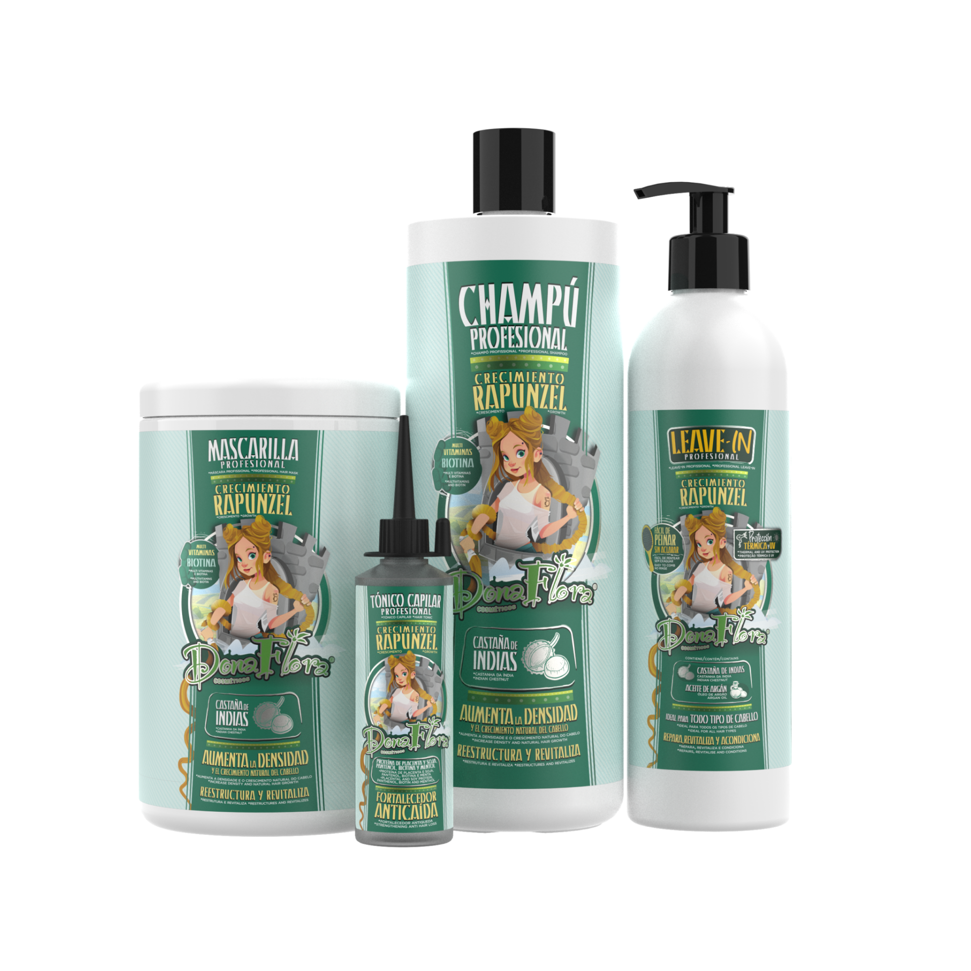 Produtos para cabelo Dona Rita em embalagens verde-menta com ilustração de mulher e texto em espanhol.