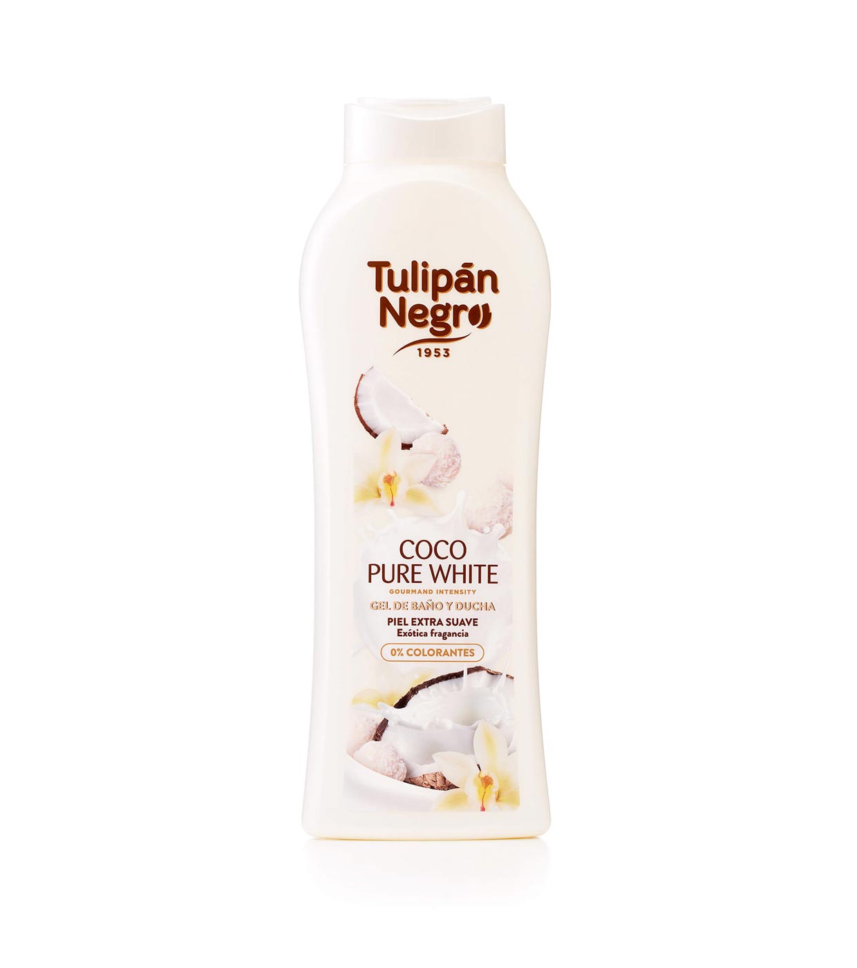Frasco branco de gel de banho Tulipán Negro Coco Pure White com imagens de coco