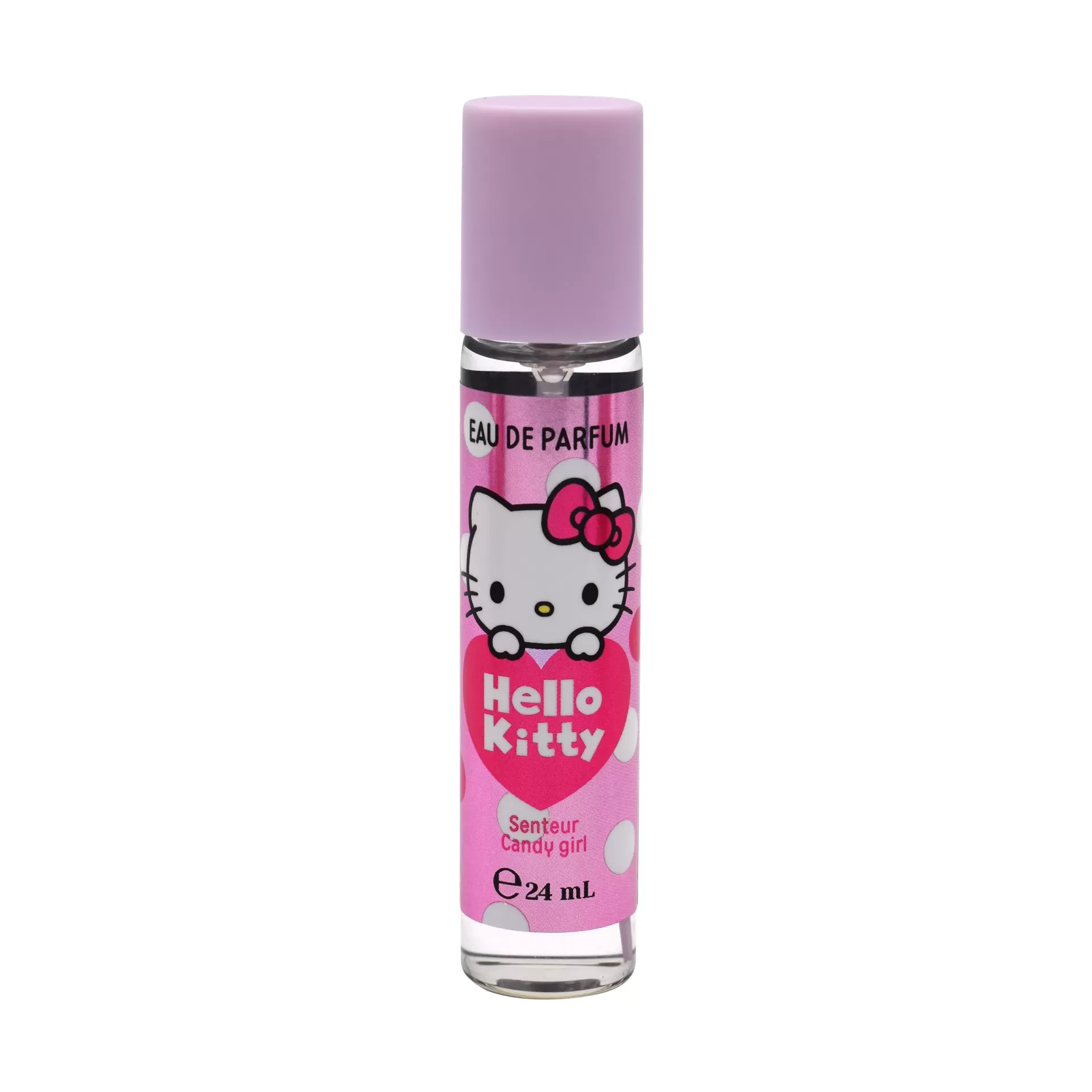 Frasco de perfume Hello Kitty com tampa rosa e etiqueta rosa