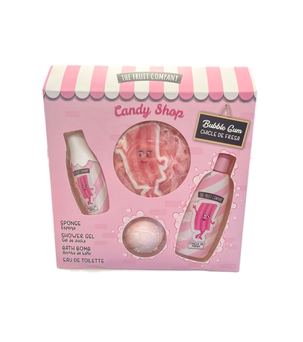 Conjunto de cuidado pessoal Candy Shop com esponja, gel de duche, bomba de banho e eau de toilette em embalagem rosa