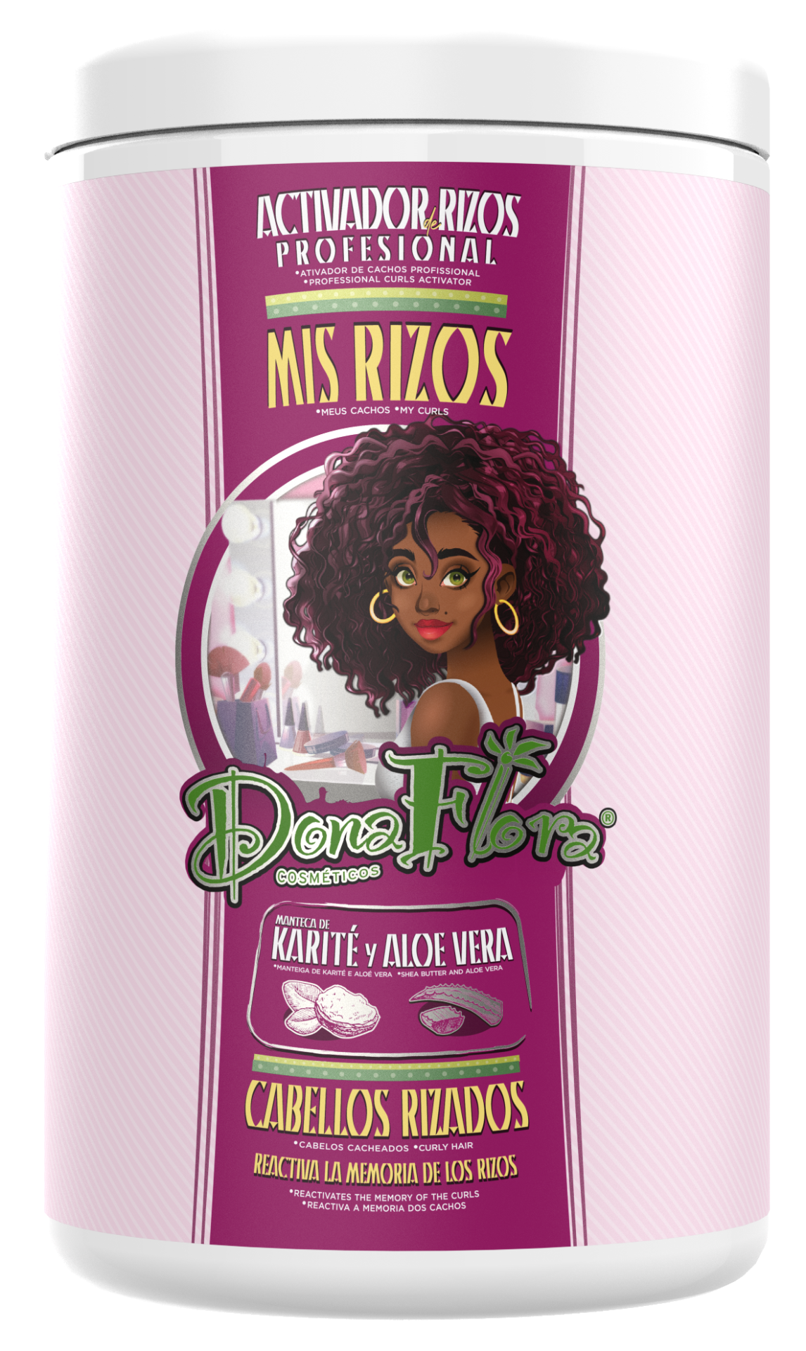 Frasco de creme ativador de cachos Dona Flora com ilustração de mulher com cabelo cacheado