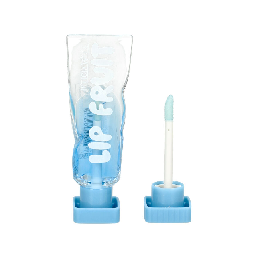 Cosmético Lip Fruit com embalagem transparente e detalhes em azul claro