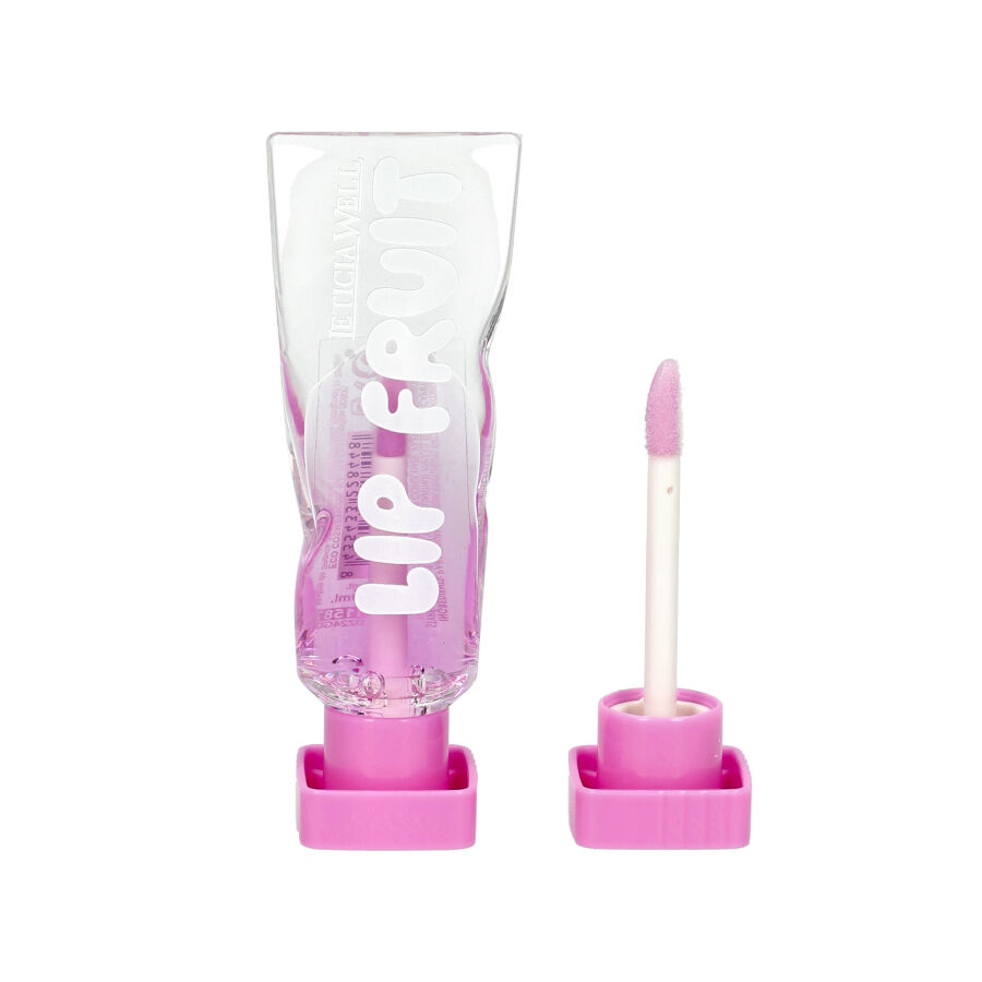 Gloss labial transparente com tampa e aplicador rosa e texto LIP FRUIT