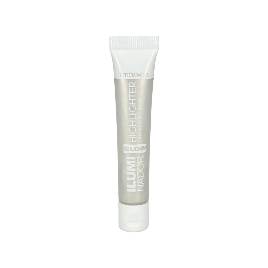 Tubo prateado de iluminador com tampa branca e texto branco e cinza