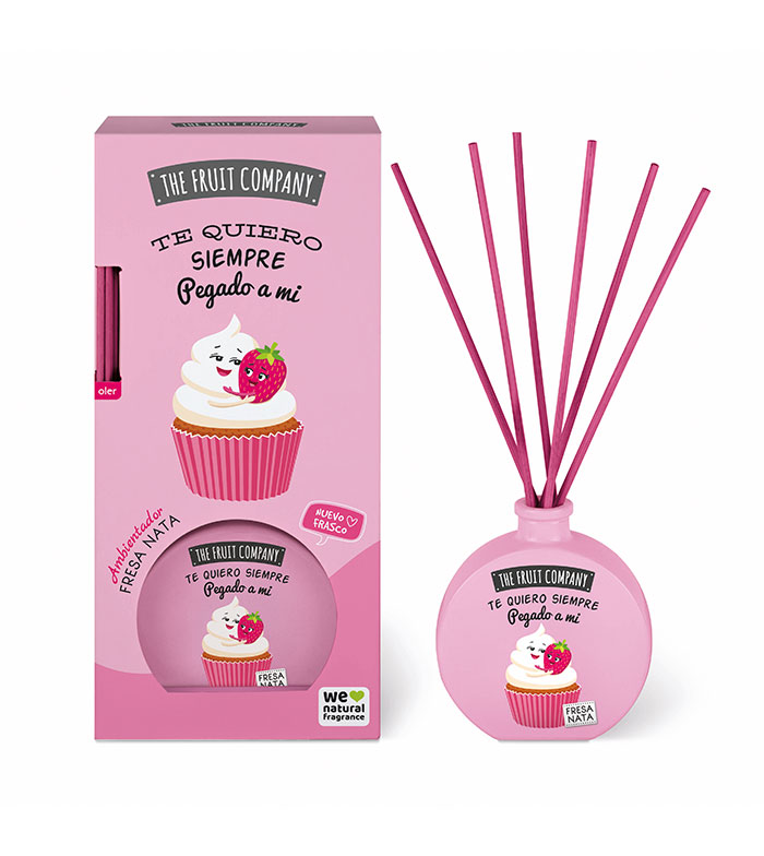 Difusor de aroma rosa com imagem de cupcake e embalagem rosa com texto em espanhol