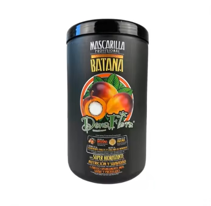 Frasco preto de máscara capilar Batana Dona Flora com ilustração de frutas e texto colorido