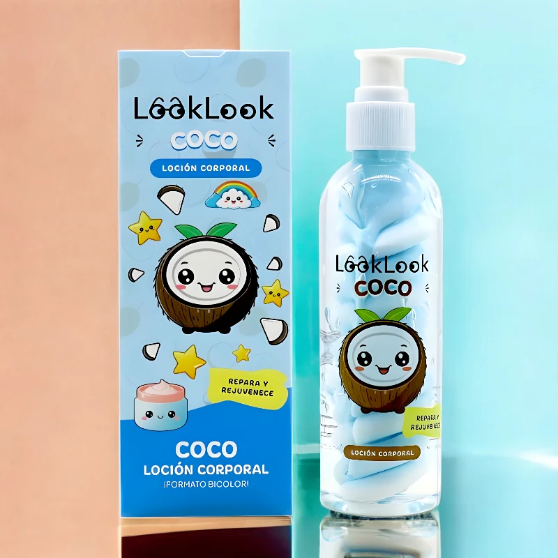 Loção corporal LookLook COCO com embalagem azul clara e ilustração de coco sorridente.