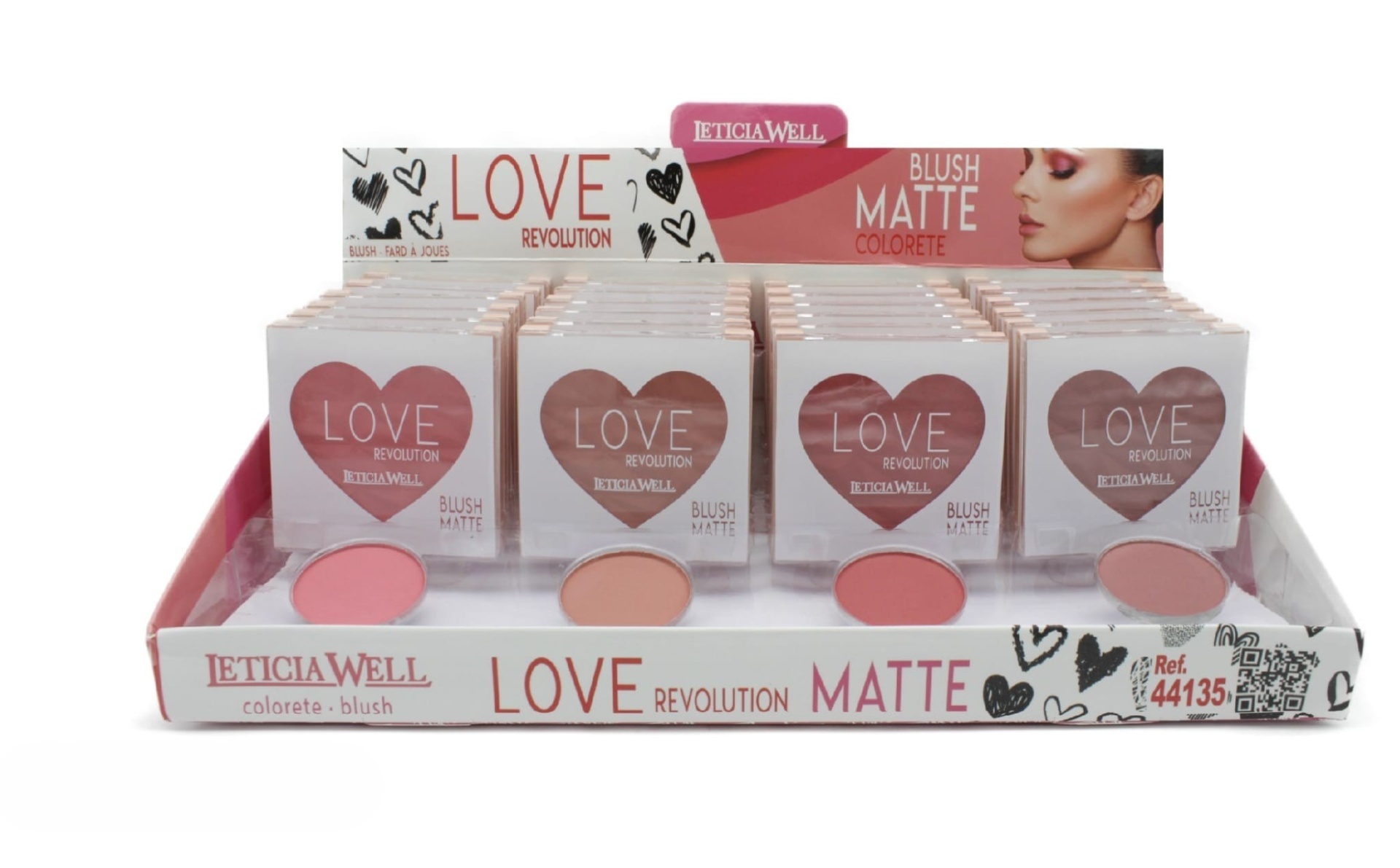 Expositor maquilhagem blush Beticia Well com caixas brancas e coração castanho