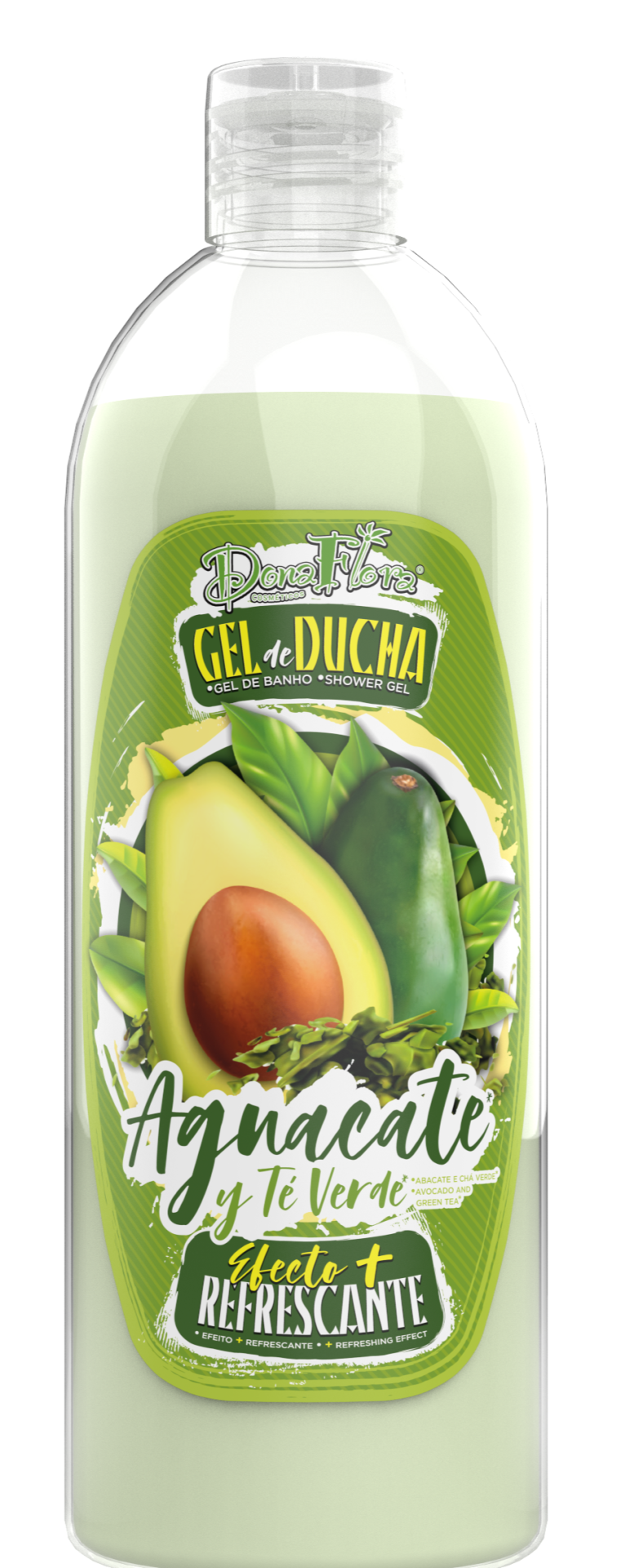 Frasco de gel de duche com imagem de abacate e chá verde no rótulo
