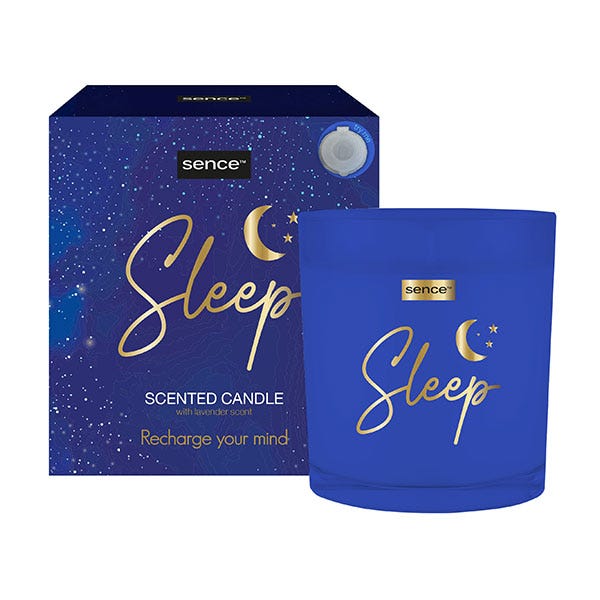 Vela perfumada azul com caixa azul e texto Sleep e detalhes dourados