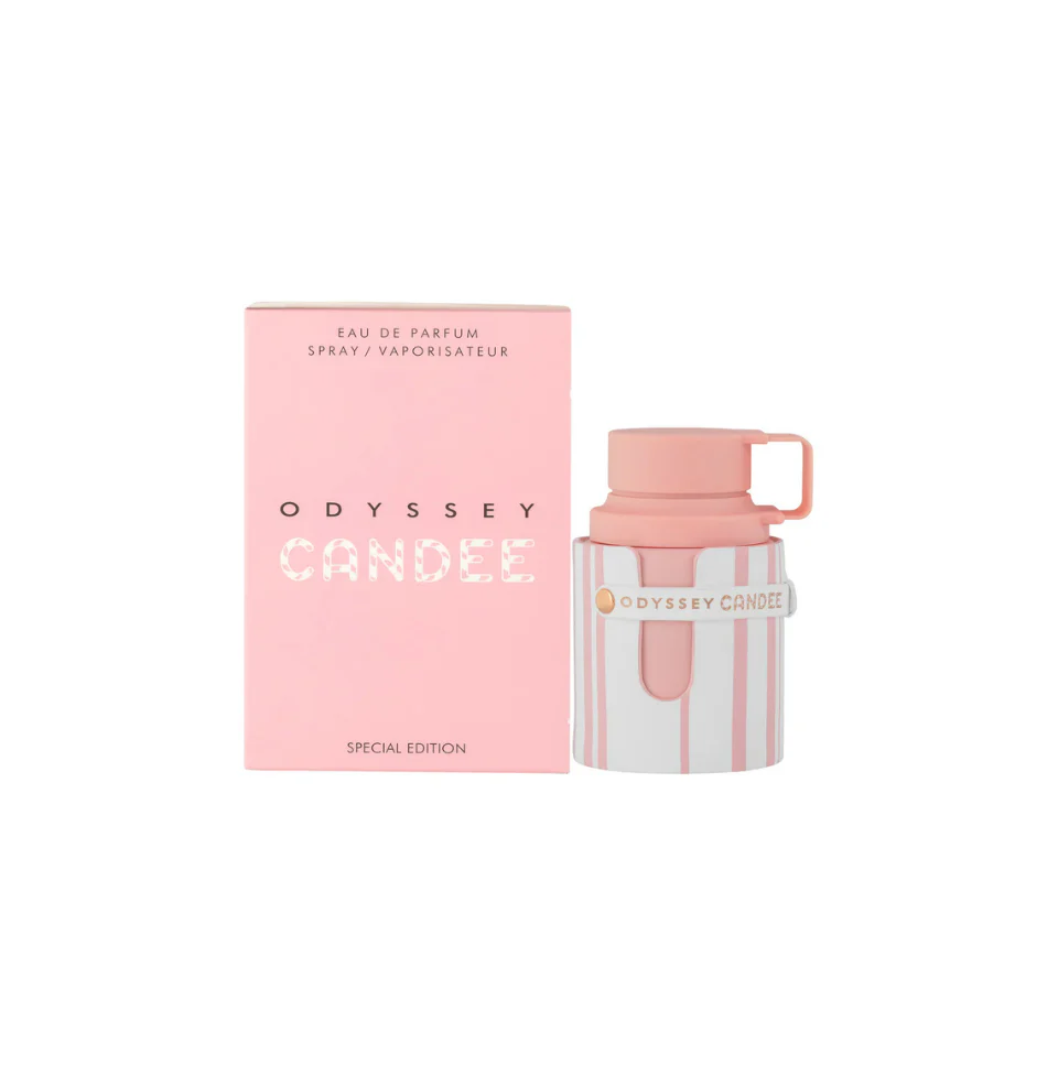 Frasco e caixa rosa e branco de perfume Odyssey Candee