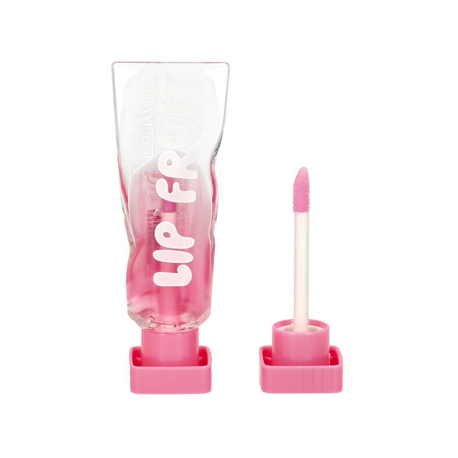 Gloss labial transparente e rosa com aplicador rosa e texto LIP FRUIT
