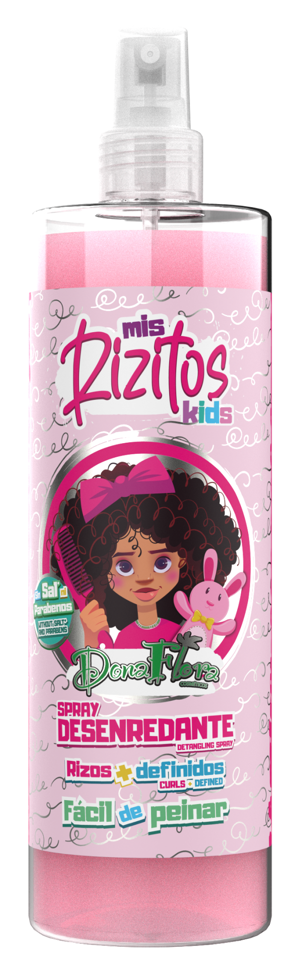 Frasco spray spray desenredante para cabelos infantis com rótulo cor-de-rosa e desenho de menina com cabelo cacheado