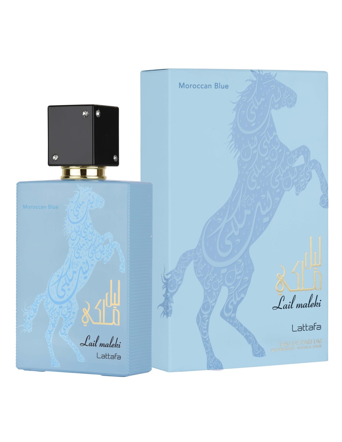Frasco de perfume azul claro com cavalo desenhado e caixa correspondente