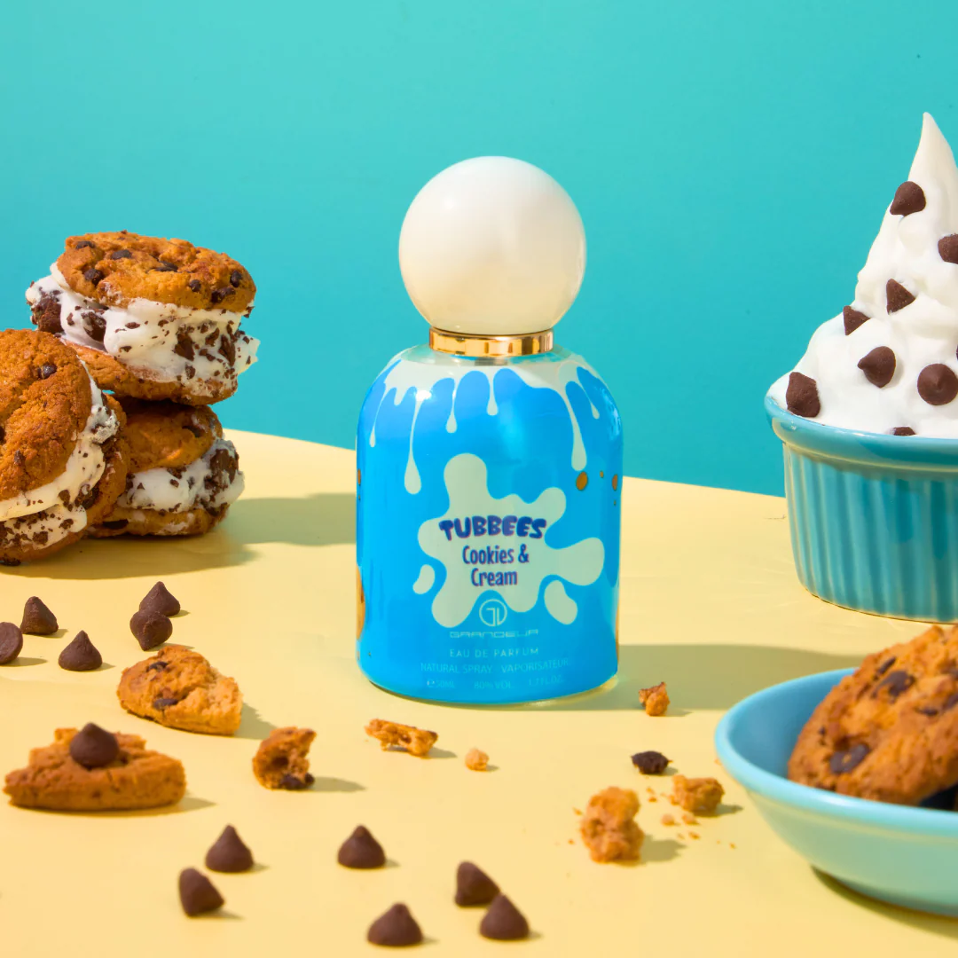 Frasco de perfume TUBBEES Cookies & Cream com bolachas e creme de chantilly