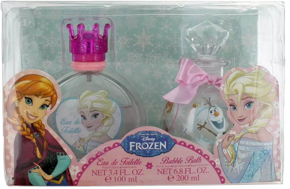 Conjunto perfumado Frozen com personagens Anna, Elsa e Olaf em frascos decorados