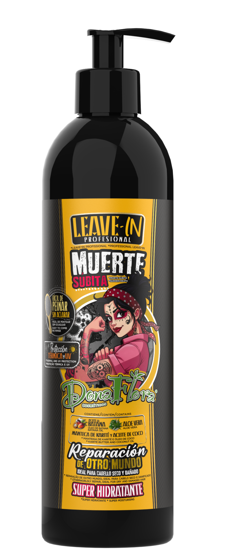 Botella negra con dispensador y etiqueta amarilla y negra con texto y dibujo de mujer tatuada