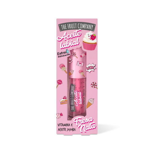 Aceite labial The Fruit Company em embalagem rosa com desenhos doces