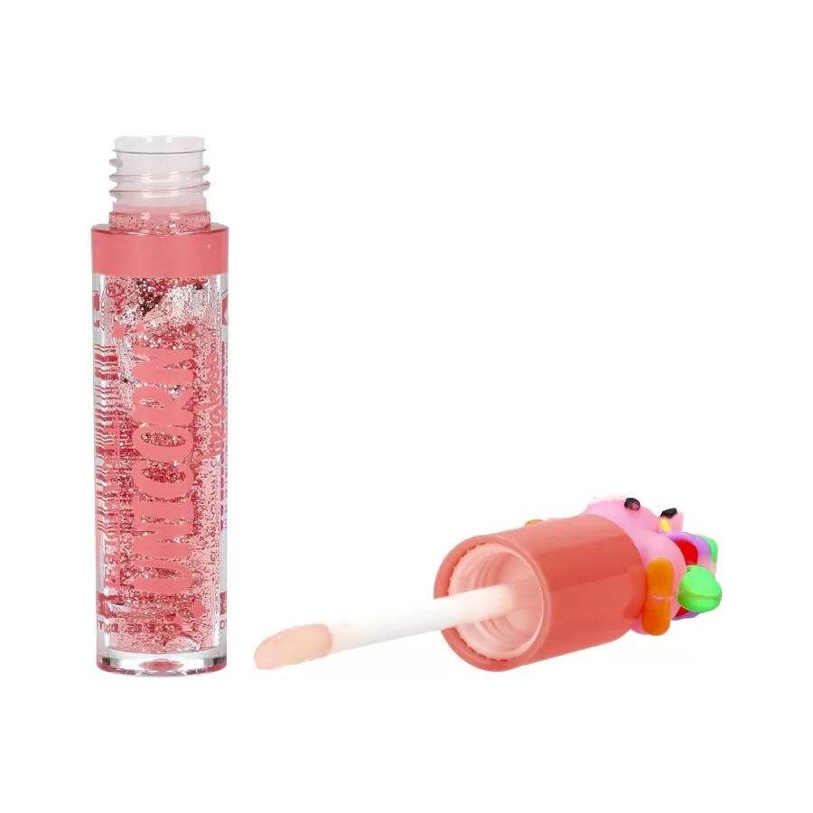 Gloss labial cor-de-rosa translúcido com tampa rosa decorada