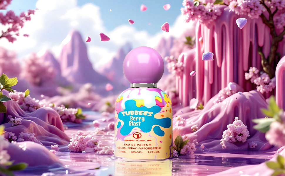 Frasco de perfume rosa com rótulo colorido num cenário rosa com flores e textura líquida.