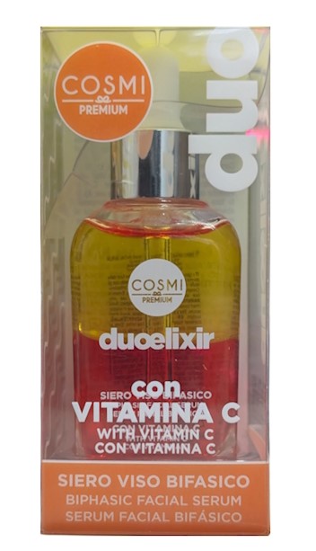Frasco de serum bifásico amarelo e vermelho Cosmi Premium Duoelixir em embalagem transparente com fundo laranja