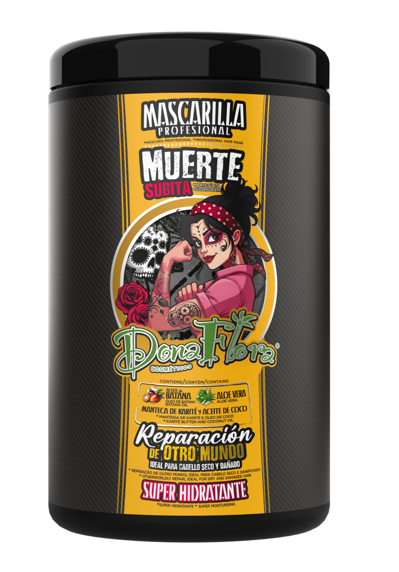 Frasco preto de máscara capilar profissional com design amarelo e ilustração colorida