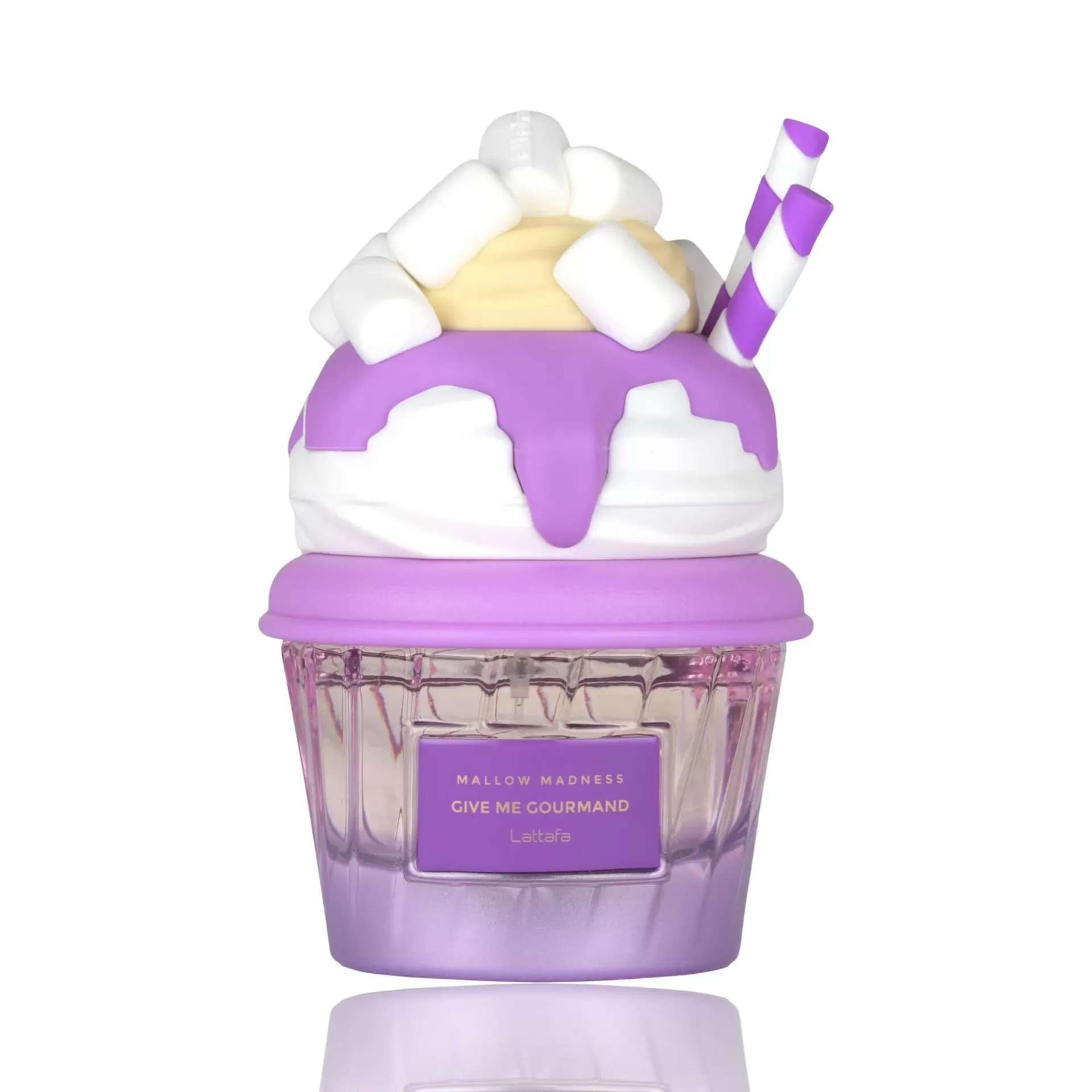 Frasco de vidro com tampa decorada em forma de cupcake com cobertura roxa e marshmallows.