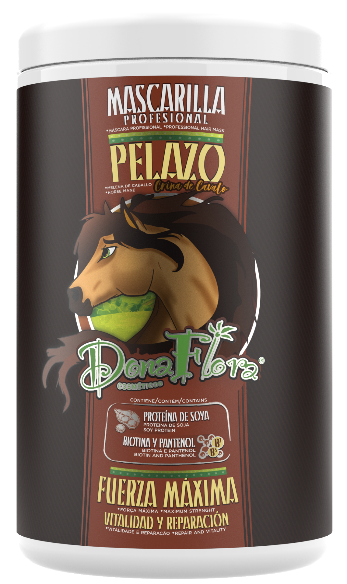 Frasco branco de máscara profissional para cabelo Dona Flora com design de cavalo e texto em castanho e amarelo