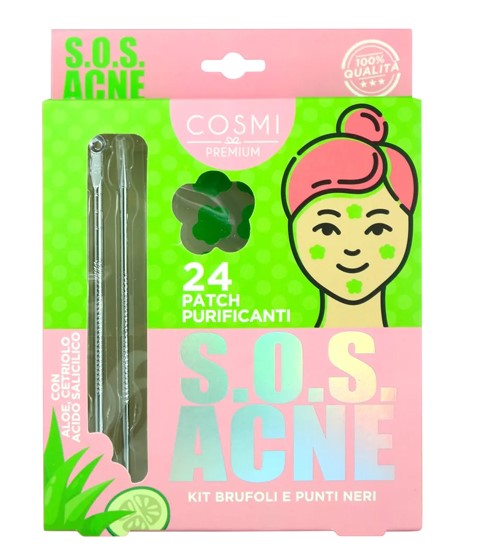 Caixa de kit de tratamento para acne com patches purificantes e ilustração de rosto feminino.