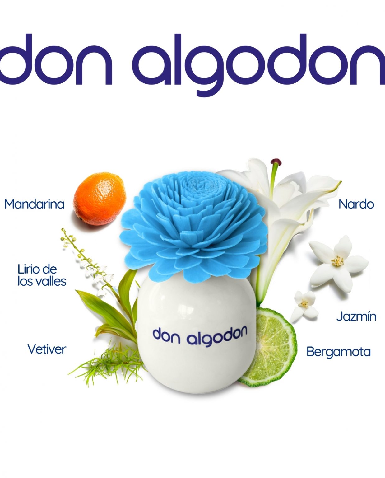 Frasco branco redondo com tampa azul em forma de flor e texto don algodon rodeado por frutas e flores etiquetadas