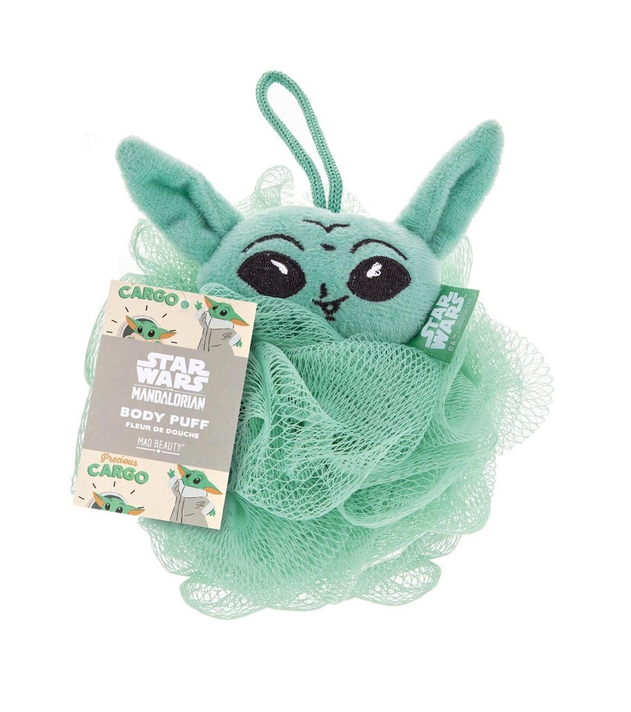Esponja de banho verde com cabeça do personagem de Star Wars e etiqueta visível