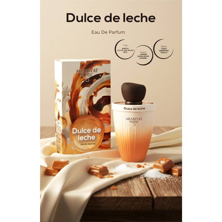 Perfume Dulce de Leche com caixa decorada em tons de caramelo, frasco gradiente e elementos de caramelo sobre tecido e madeira.
