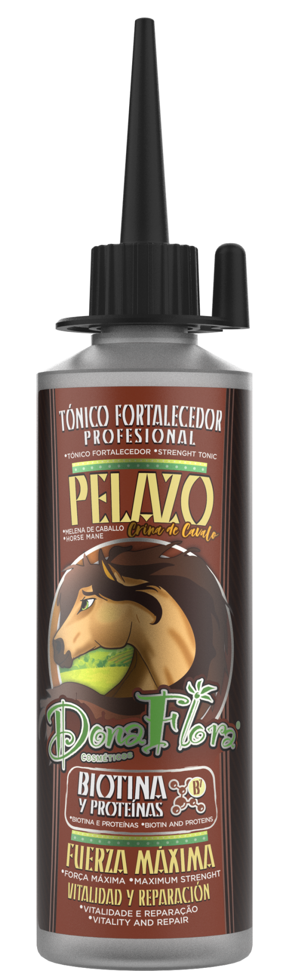 Frasco com tónico fortalecedor para cabelo com rótulo ilustrado e texto biotina e proteínas