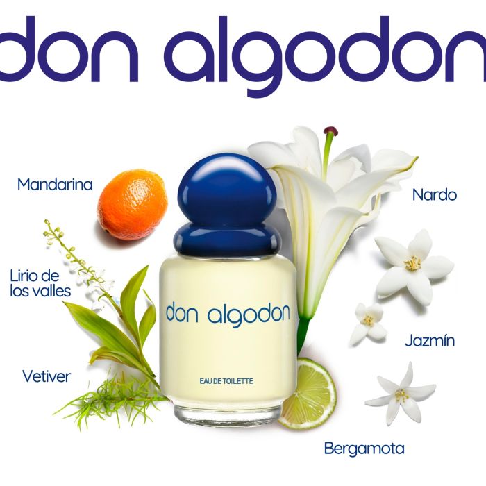 Frasco de Eau de Toilette don algodon com elementos naturais ao redor
