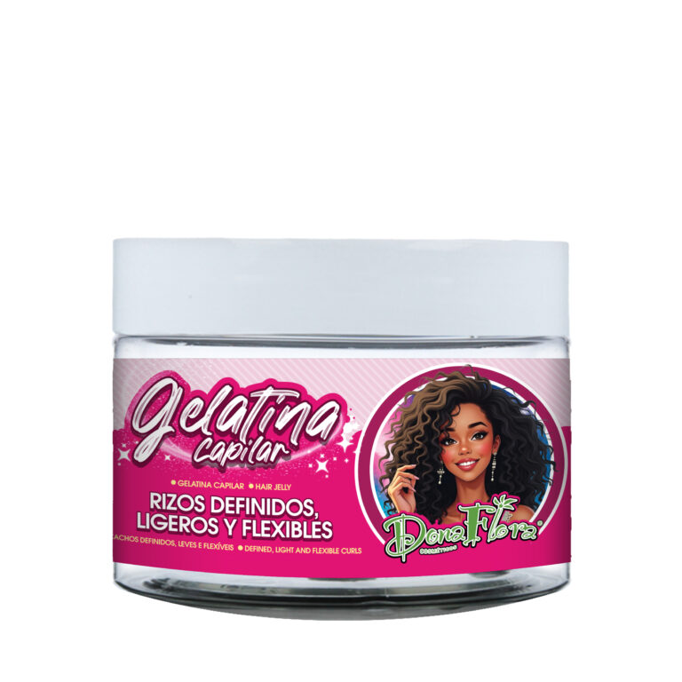 Frasco de gelatina capilar para cabelo cacheado com rótulo rosa e tampa branca