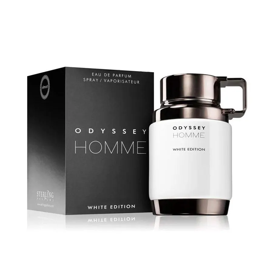 Frasco de perfume Odyssey Homme White Edition com embalagem preta