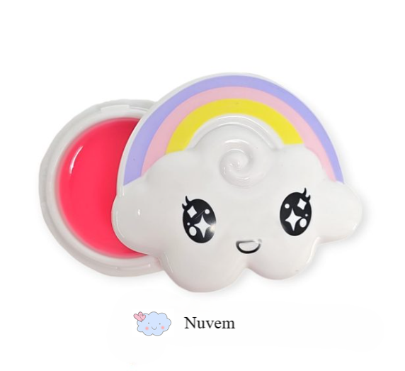 Bálsamo labial em embalagem de nuvem branca com arco-íris colorido