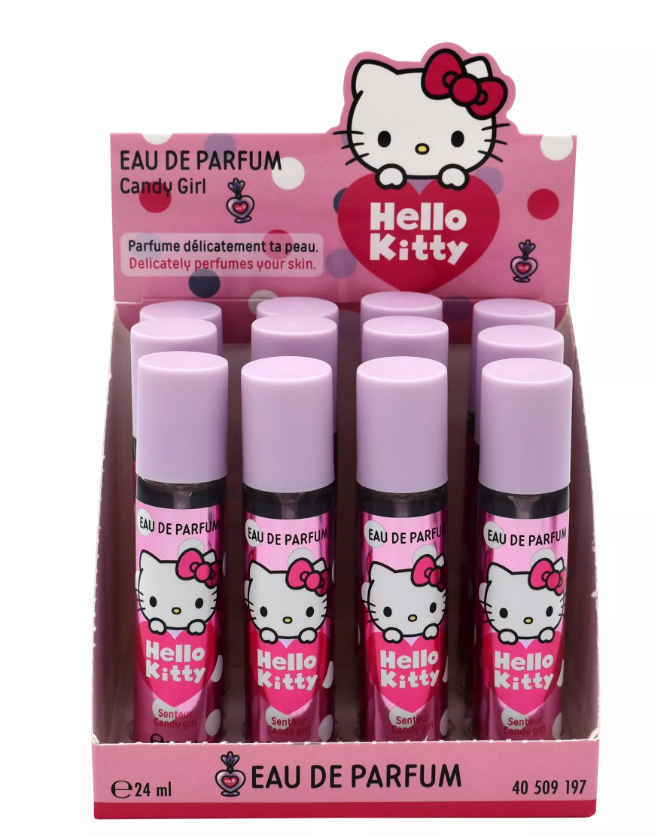 Frascos de Eau de Parfum Hello Kitty Candy Girl em exposição rosa