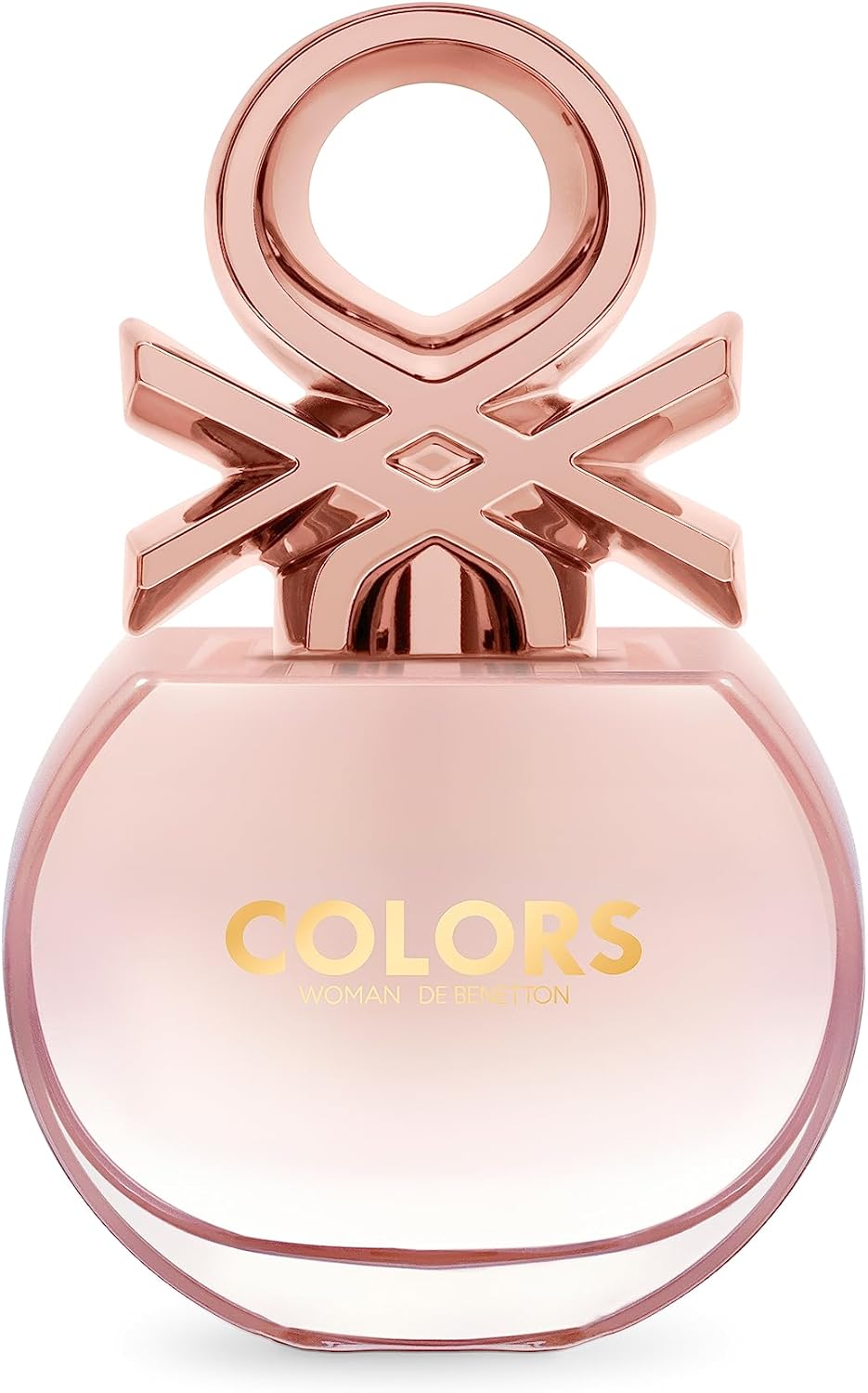 Frasco de perfume rosa claro com tampa metálica e texto dourado