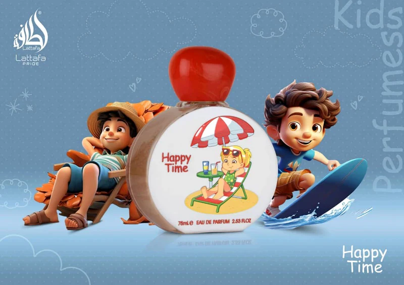 Frasco de perfume Happy Time com tampa vermelha e ilustração de menina na praia, fundo azul com crianças animadas