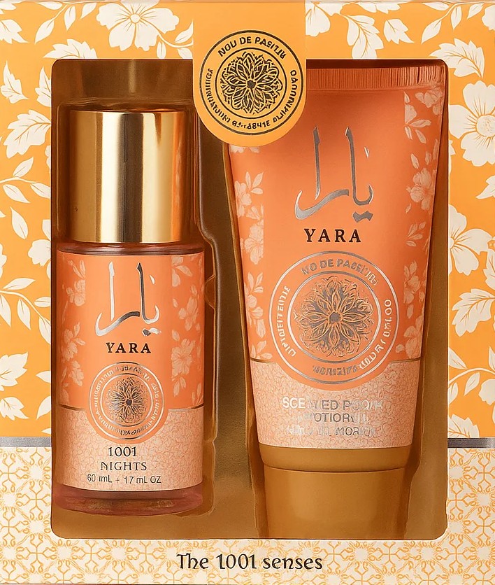 Conjunto de fragrância e loção corporal YARA 1001 NIGHTS em embalagem laranja com padrões florais