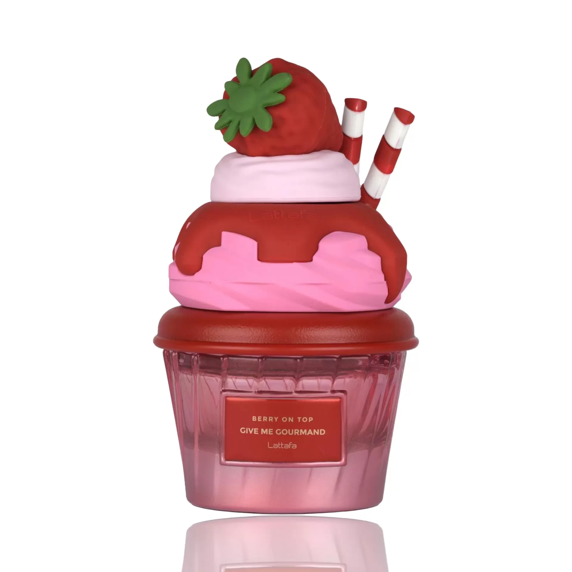 Frasco de perfume em forma de cupcake rosa e vermelho com morango no topo
