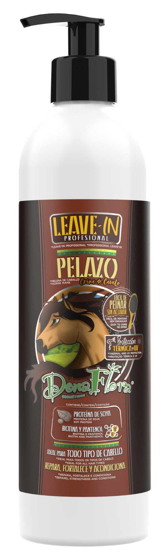 Frasco branco com doseador preto e rótulo marrom de Leave-In Pelazo com ilustração de cavalo
