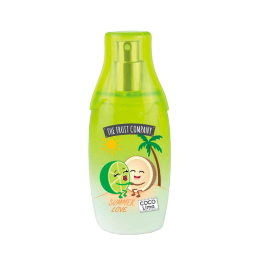 Frasco de spray verde translúcido com ilustrações de limão e coco e textos da marca